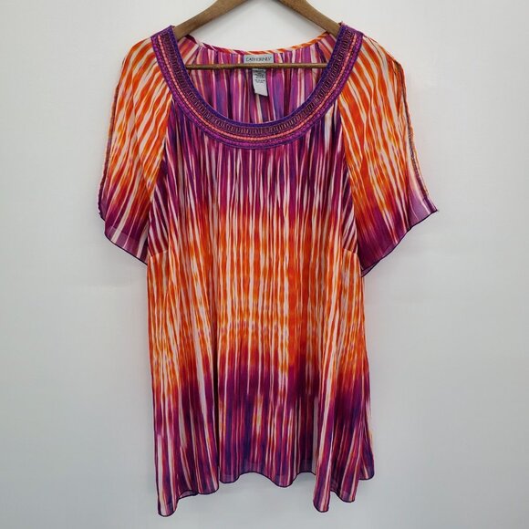 Catherines Womens 2X Sheer Blouse Multicolor Striped Pleated Slit Sleeve Boho - Picture 3 of 13